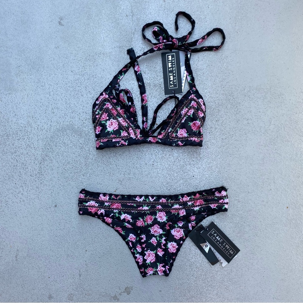 NWT SAME LOS ANGELES SWIM BLACK FLORAL PINK Triangle cheeky bikini set